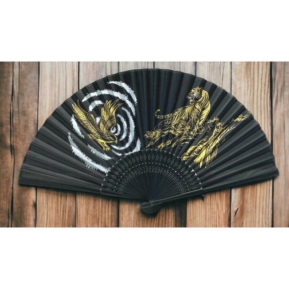 Vintage Chinese Folding Hand Fan Tiger Hawk Black Painted Fabric 15" Span - Picture 1 of 7